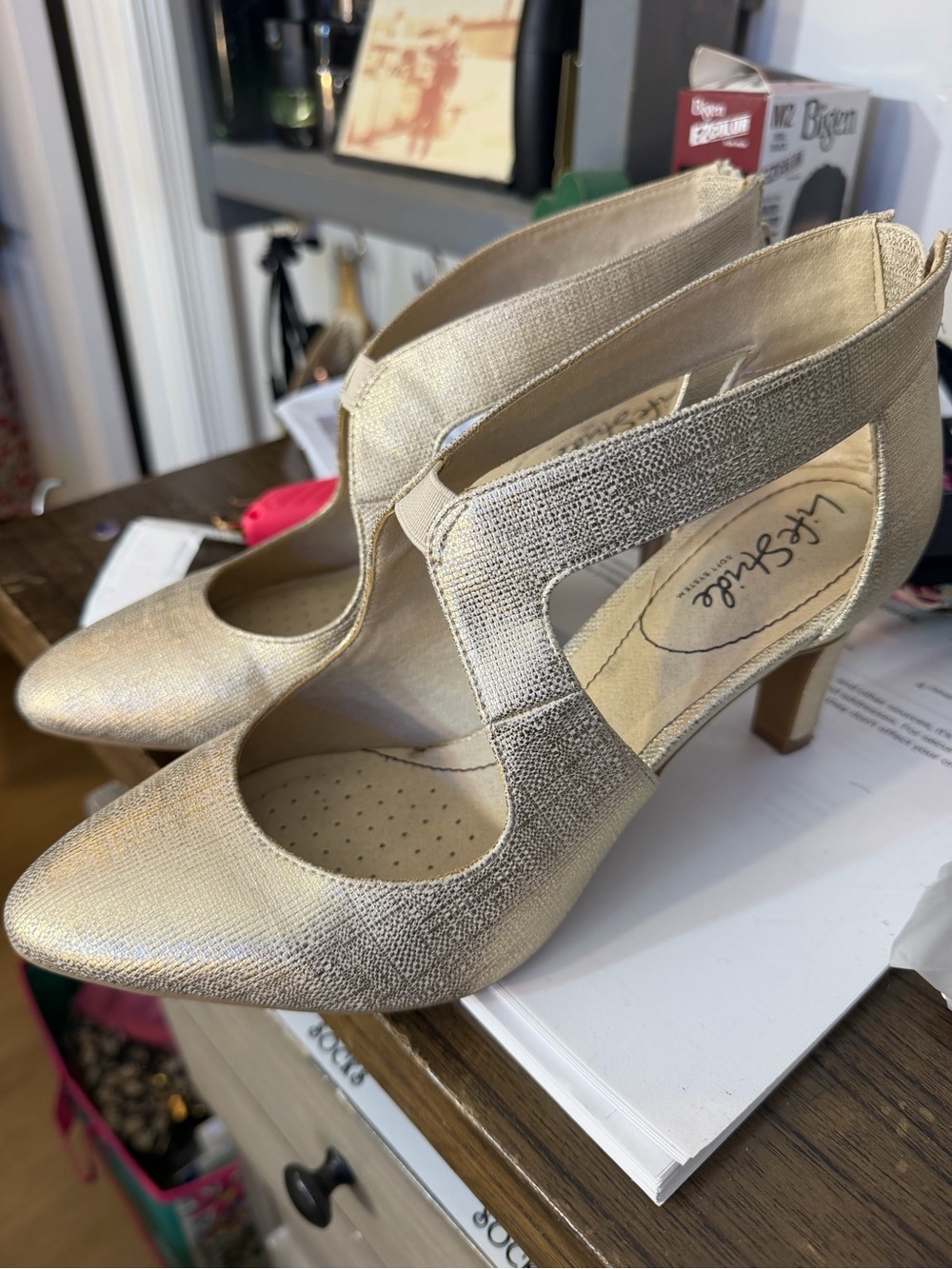Life Stride Metallic Gold Pointed-Toe Mid Heel Pumps